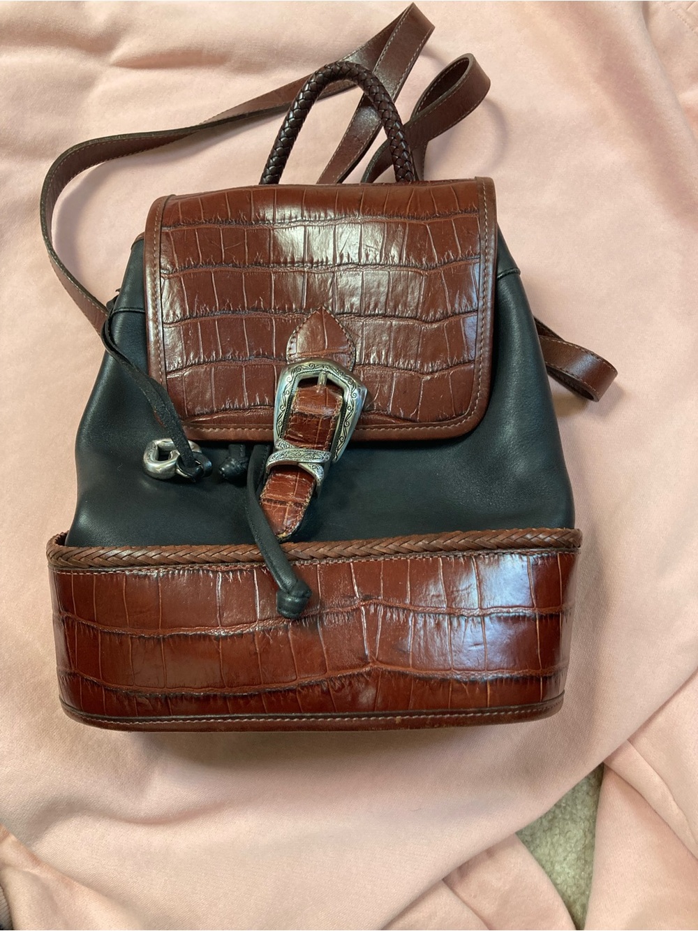 Brown Croc-Accent Leather Backpack with Black Body - Women's